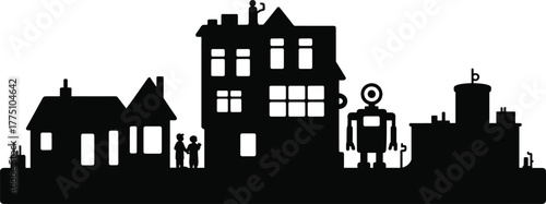Futuristic city skyline silhouette with robot, human figures, residential and industrial buildings, symbolizing modern technology, smart cities, and artificial intelligence