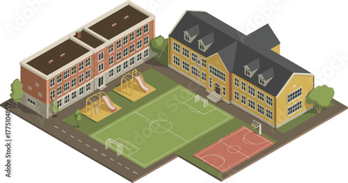 Isometric 3D illustration of a modern school campus with classrooms, playground, soccer field, basketball court, and green trees