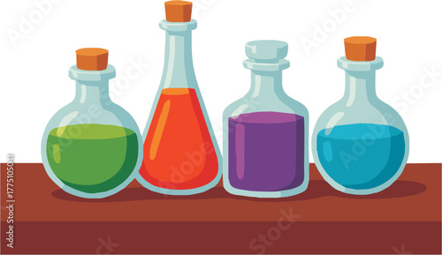 Magical potion bottles with colorful liquids, perfect for fantasy games, Halloween designs, and creative projects needing a touch of whimsical charm