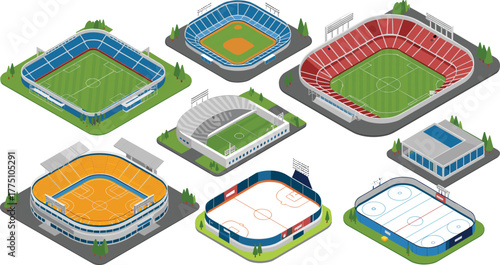 Isometric 3D sports stadium icon set with football, baseball, basketball, hockey, and arena buildings, modern architecture vector illustration
