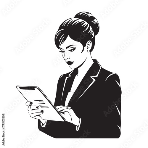 Confident Businesswoman Using Tablet Modern Professional Black and White Vector Illustration Female Entrepreneur Focused on Digital Device