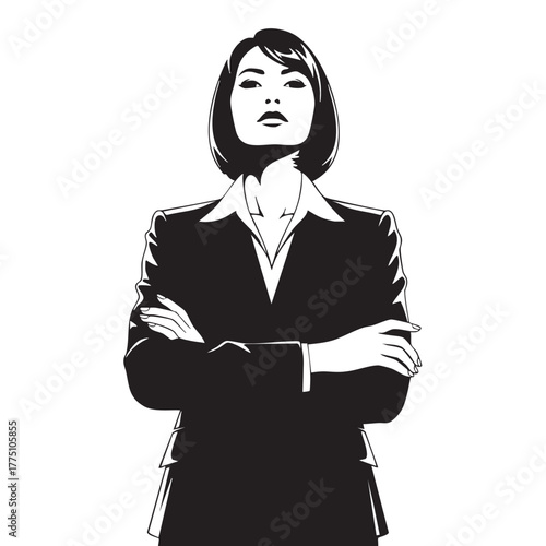 Powerful Businesswoman with Crossed Arms Confident Female Leader Black and White Vector Illustration Strong Executive Stance