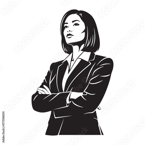 Empowered Businesswoman with Crossed Arms Confident Female Executive Black and White Vector Illustration Strong Leadership Pose