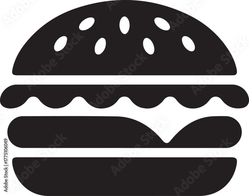 Black hamburger vector icon with bun patty and toppings for fast food menu design or delivery app
