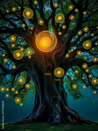 Gnarled, old oak tree with luminous, swirling orbs of light dancing around its branches,  whimsical, tree