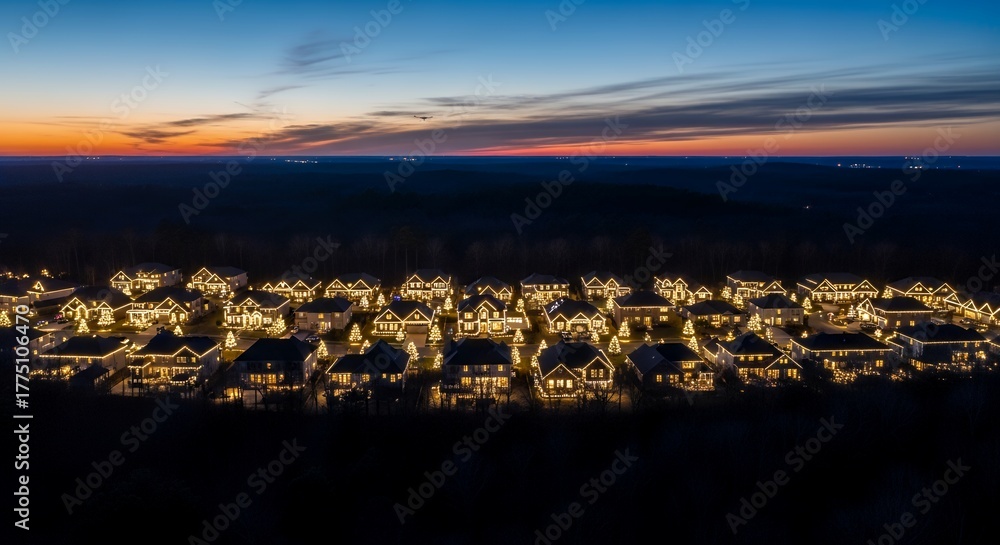 Fototapeta premium Aerial view of a residential neighborhood at dusk with illuminated houses and a vibrant horizon.