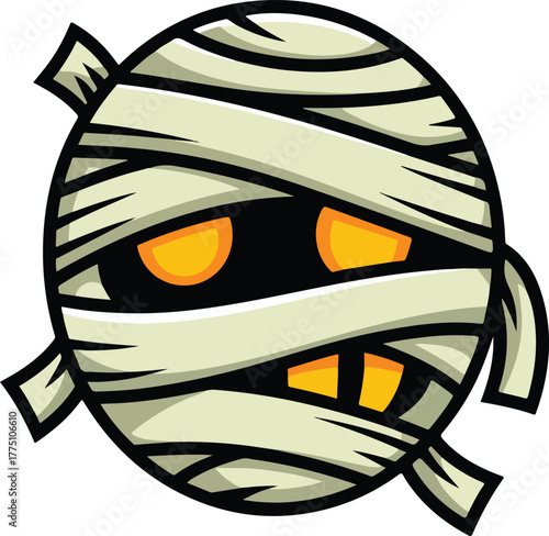 Cartoon mummy head vector illustration with glowing orange eyes and bandage wrappings for Halloween design