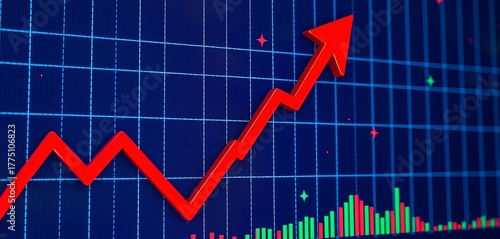 Red down arrow on stock chart graph showing market crash,  price drop,   market fluctuation