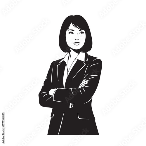 Determined Businesswoman Professional Portrait Confident Stance Arms Folded Female Leadership Vector Illustration Monochrome Design