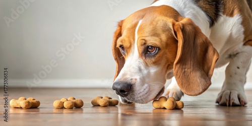 A curious beagle intently observes a scattering of dog treats on a hardwood floor, its expressive eyes reflecting anticipation and eagerness for a tasty reward.