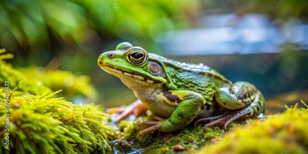 Fototapeta premium A Vibrant Green Frog Perched on Mossy Rock Near Tranquil Water, Basking in the Sunlight