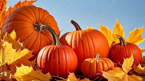 Autumn pumpkins with yellow maple leaves under blue sky, fall harvest and seasonal decoration background. Generative AI.