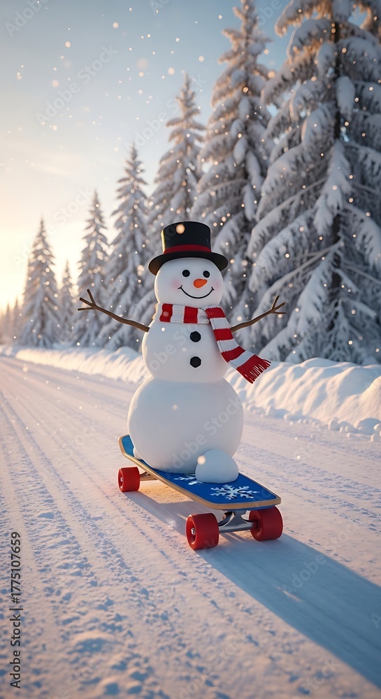 Fototapeta premium Snowman on Skateboard in Snowy Winter Forest Landscape.