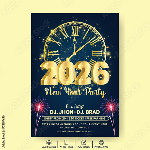 Happy New Year 2026 Celebration night Party a4 print Flyer and poster Template with 3d clock, Typography number, fireworks background, and New Year celebration brochure, leaflet, cover template design