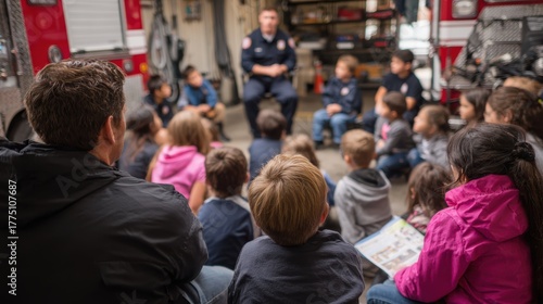 Fire station community outreach event where firefighters teach children about safety and prevention. Awareness, teamwork, and public education to strengthen community engagement and build trust.