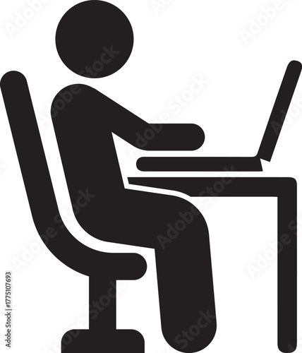 Working at office Desk on computer. Black and White vector Icon.