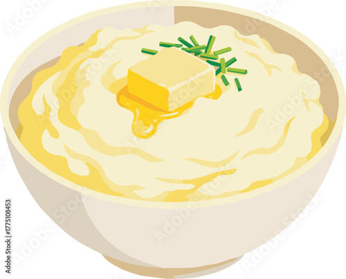 Comforting bowl of creamy mashed potatoes topped with melting butter and fresh chives, a perfect side dish for any meal.