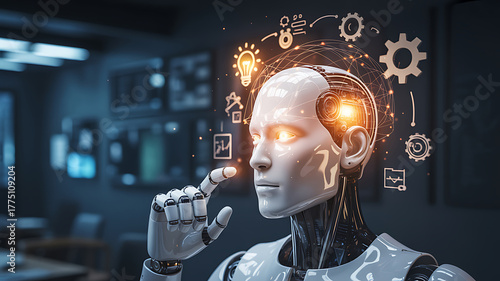 Artificial intelligence robot head with glowing brain and digital gears symbolizing innovation and technology