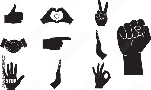 Collection of various hand gesture designs isolated on white background