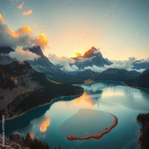 Serene mountain lake reflects dramatic sunset clouds over majestic peaks at dawn
