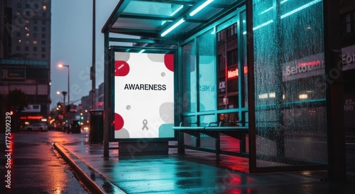 Night rain coats a city street as a glass bus shelter glows with cyan neon. Reflections ripple on wet pavement as passing cars blur past and an awareness poster anchors the moody scene softly