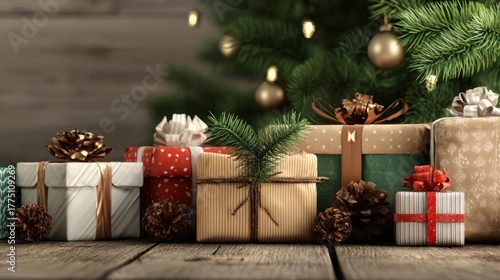 Christmas presents arranged in a row with decorated fir tree, 3D render