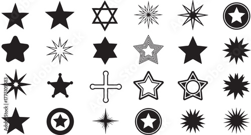 Collection of various star shapes isolated on white background in black color