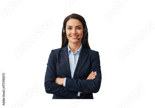 Smiling customer service representative with headset in business suit professional call center agent telemarketing isolated on transparent background