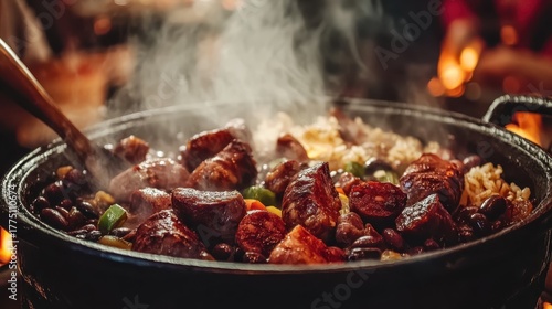 Fototapeta Naklejka Na Ścianę i Meble -  Brazilian Feijoada Dish Steaming in a Clay Pot