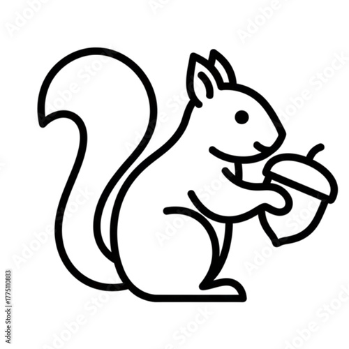 Cute Squirrel Holding Acorn Line Art Vector. Cartoon Woodland Animal Outline Icon for Fall Season, Wildlife, Nature, Mascot Logo, and Coloring Page Design