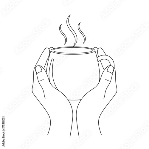 Hands Holding Hot Coffee Mug Line Art Vector. Black & White Steaming Cup Outline. Cozy Tea, Cocoa, or Warm Drink Sketch for Cafe Logo, Winter Design, Comfort Symbol
