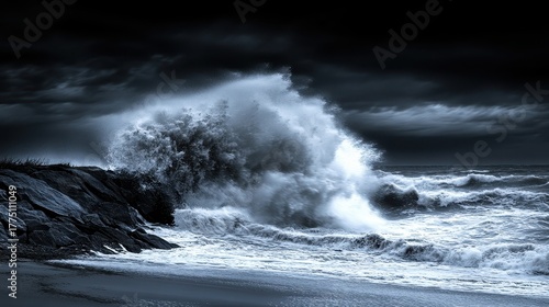 Violent ocean wave crashing with white foam and dark sky