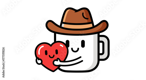 A charming cartoon illustration featuring a cowboy mug embracing a loving heart