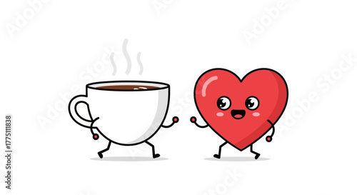 Animated characters coffee cup and heart shape icon with joyful expressions sharing a moment