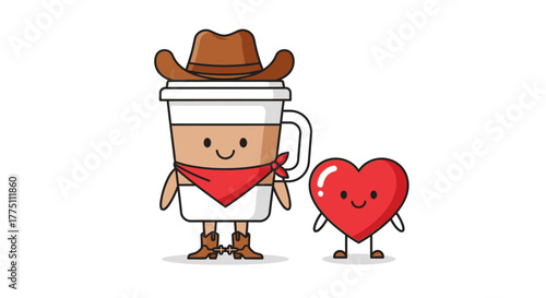Whimsical coffee cowboy and endearing heart character ready for valentine adventures