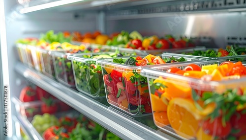 Assorted fresh fruit and vegetable salads in clear plastic boxes inside a chilled fridge display. Healthy ready-to-eat meal concept with vibrant colors and clean composition.