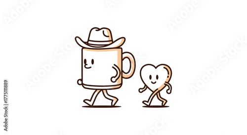 Whimsical adventure of a cowboy mug and a friendly heart character illustration