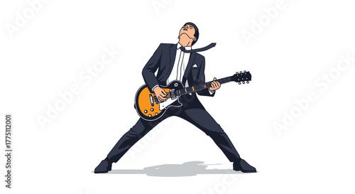 Electric Guitarist in Suit Energetically Performing with Passionate Expression Isolated Illustration