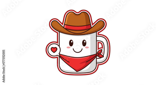 Cartoon coffee mug with a cowboy hat and bandana representing western theme and charm