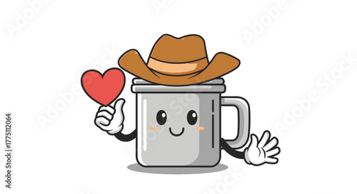 Whimsical cowboy mug character holding heart conveying warmth and affection through animated