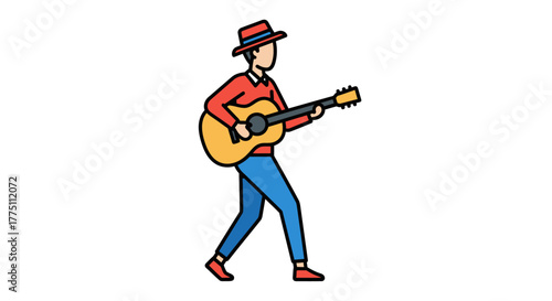 Illustrative guitar player with hat walks and plays country style music in red and blue