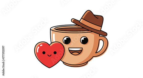 Animated coffee cup wearing a hat, beside it a red heart with a smiling face for valentines