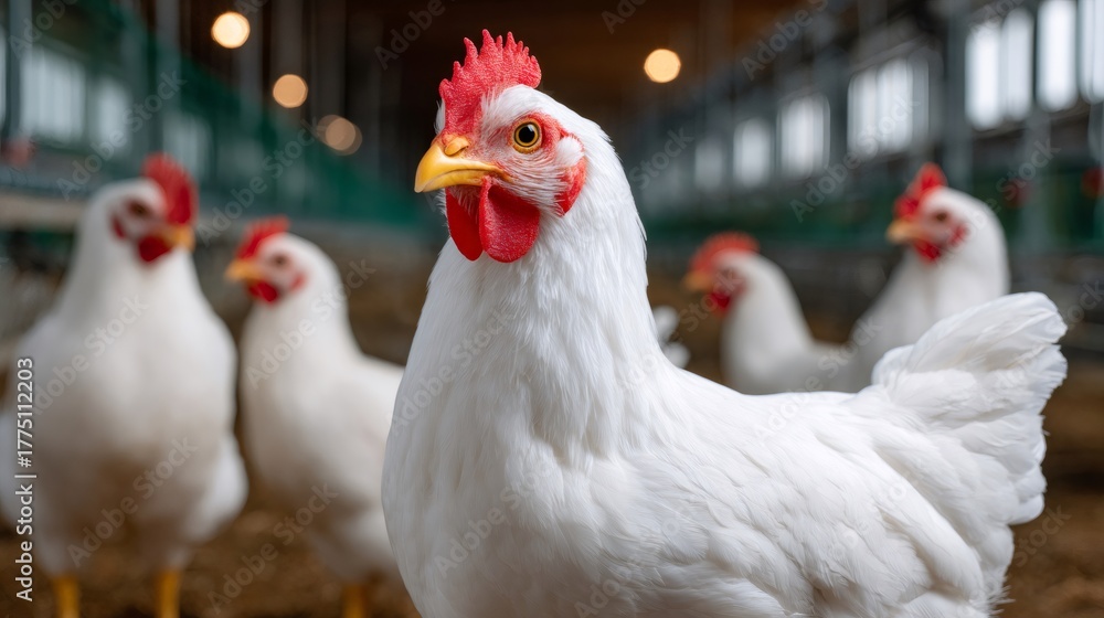 Fototapeta premium White chicken standing in poultry farm looking