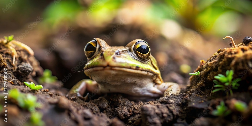 Fototapeta premium Close-up of a frog resting in the earth among seedlings, exhibiting remarkable detail in its eyes and skin