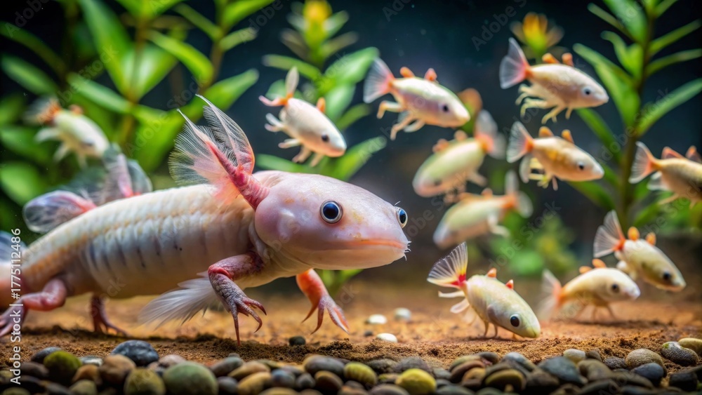 Obraz premium Albino axolotl ambling through a vibrant underwater world, surrounded by a school of lively, pale-colored fish, resting on a bed of smooth pebbles