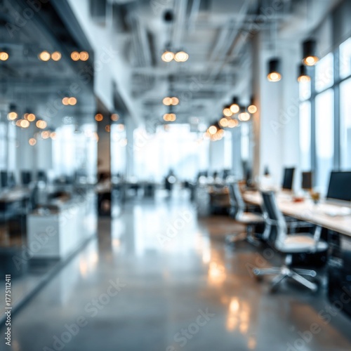 Wallpaper Mural A blurred view of a modern office space with bright lighting, featuring desks and chairs, creating a contemporary work environment. Torontodigital.ca