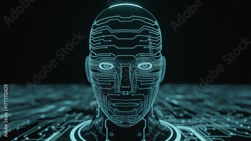Ultra realistic 3D rendering with futuristic AI robot face made of glowing hologram circuit lines and digital patterns on a dark background. 
