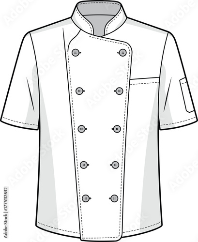 Technical fashion illustration of chef jacket, double breasted short sleeve design, professional culinary uniform drawing, apparel template, vector garment sketch