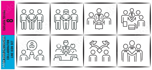 Nine white framed illustrations depicting various group interactions and teamwork