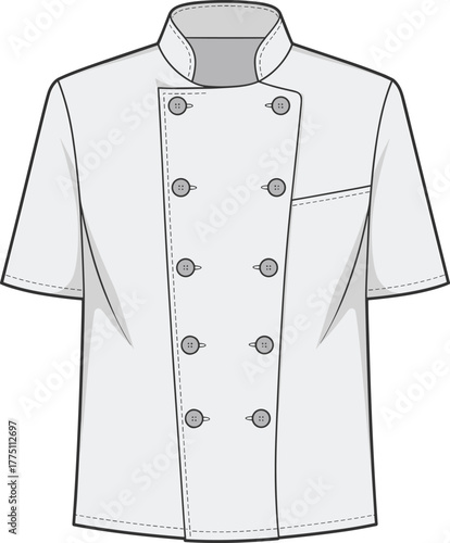 Technical fashion illustration of chef jacket, short sleeve double breasted design, professional culinary uniform drawing, apparel template, vector garment sketch